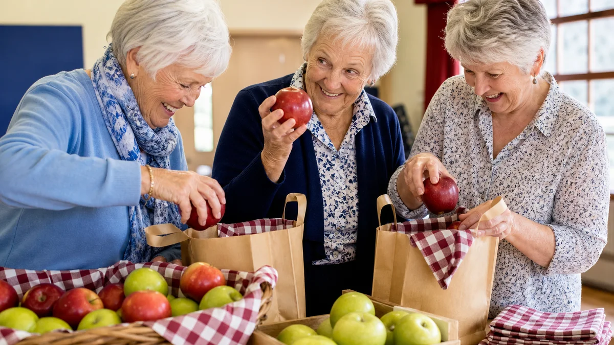 Drie ouer wit vroue lag saam terwyl hulle rooi en groen appels in eenvoudige uitdeelsakkies pak.