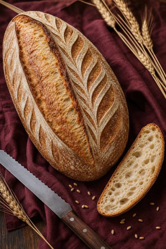 Portrait-format example of a sourdough batard with leaf scoring.