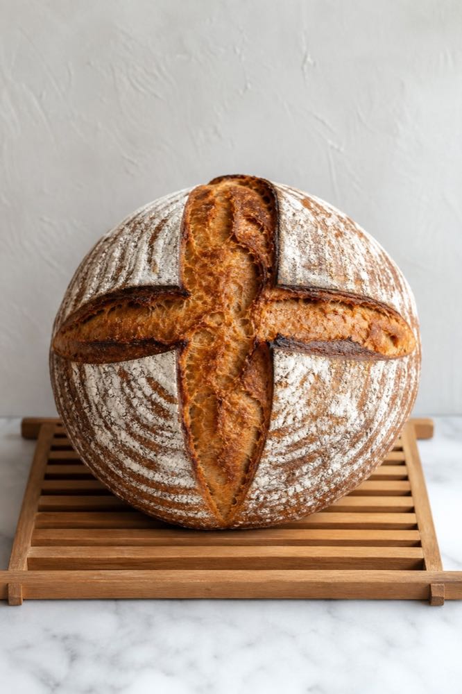 Portrait-format example of a round sourdough boule.