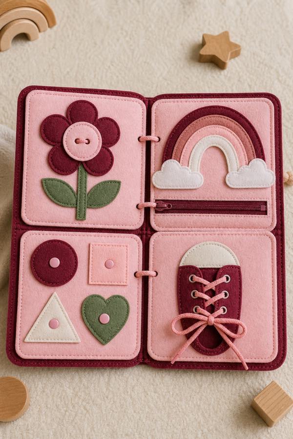 Portrait-format example of a pink and burgundy felt activity booklet.