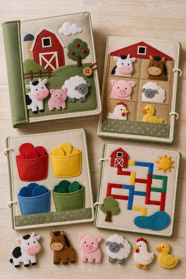 Portrait-format example of a farm-themed activity booklet for a preschool child.