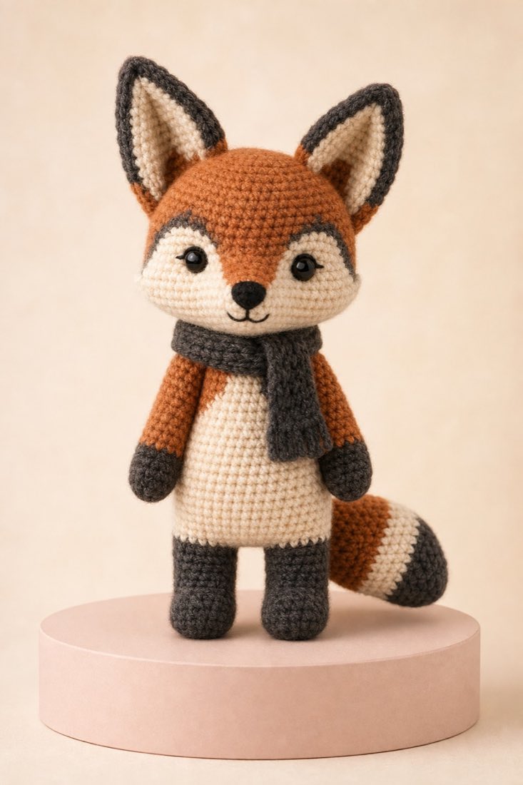 Portrait-format example of a crocheted amigurumi fox.