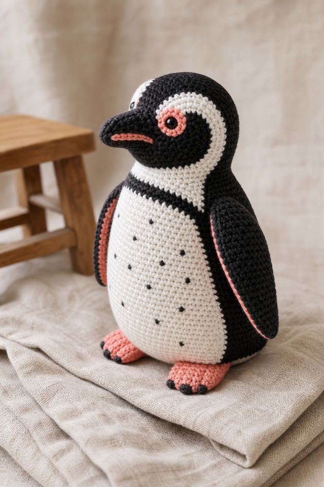 Portrait-format example of a crocheted amigurumi penguin.