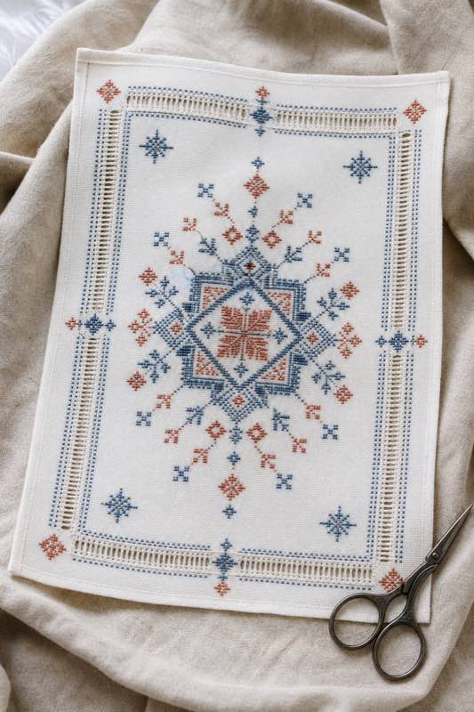 Portrait-format example of geometric counted-thread embroidery in blue and terracotta.