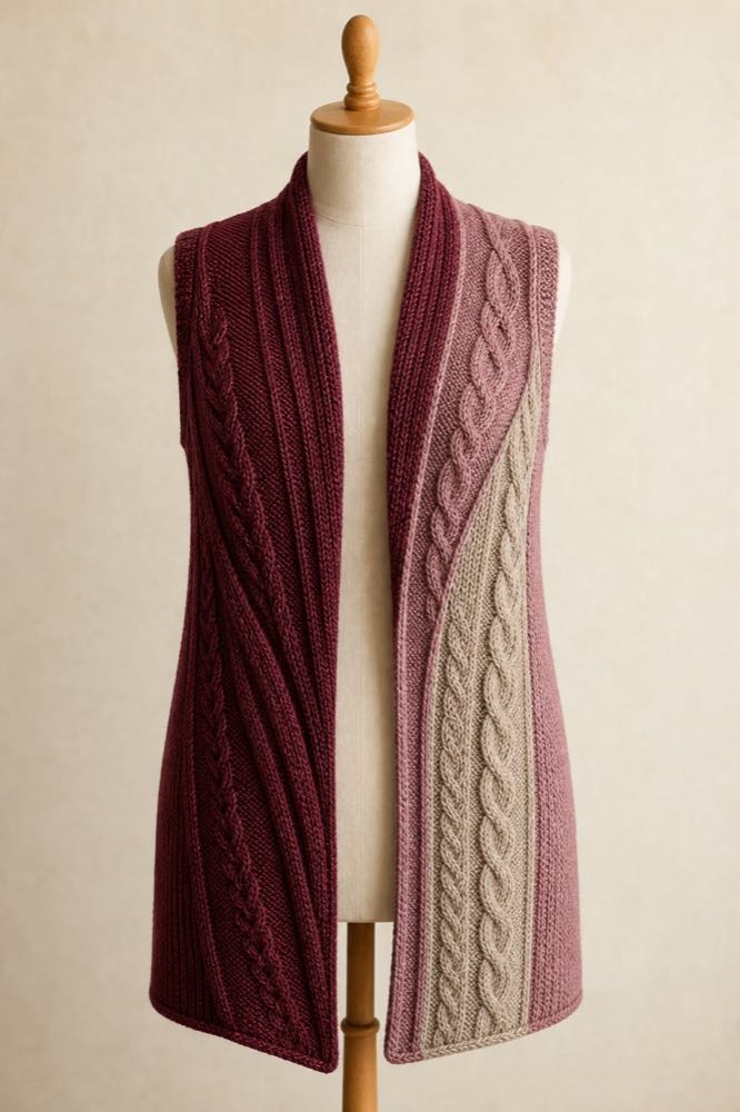Portrait-format example of a burgundy, pink and oatmeal creative gilet.