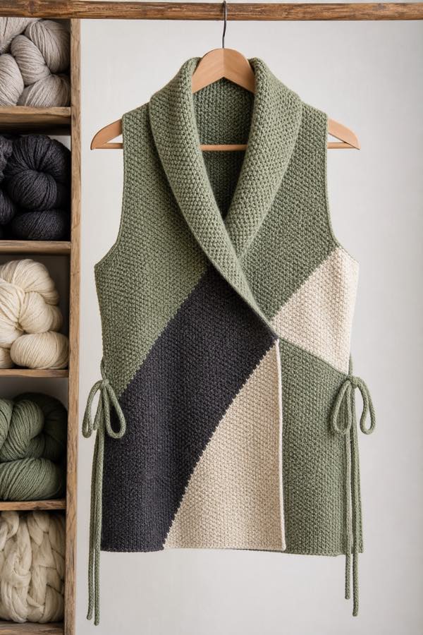 Portrait-format example of a sage, cream and charcoal creative gilet.