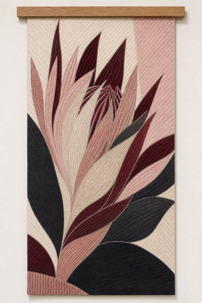 Portrait-format example of a stitch-and-slash wall piece with proteas.