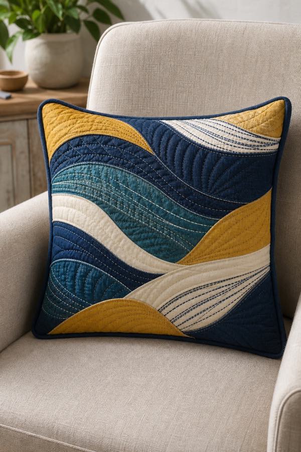Portrait-format example of a stitch-and-slash cushion with wave shapes.
