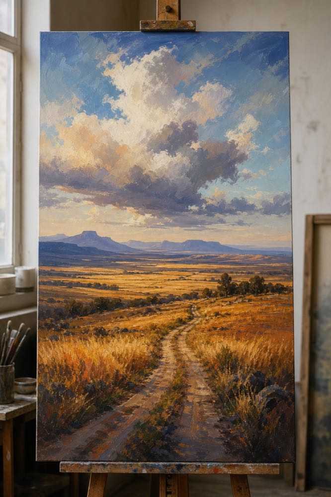 Portrait-format example of an acrylic landscape with Highveld grass and trees.