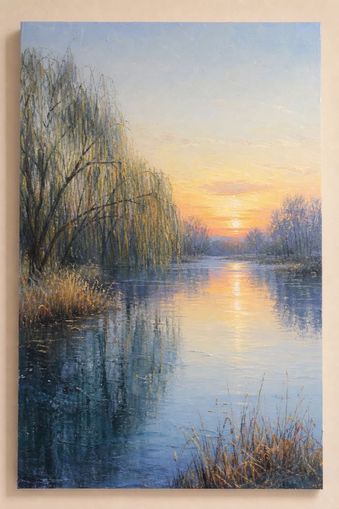 Portrait-format example of an acrylic landscape with a river and willow trees.