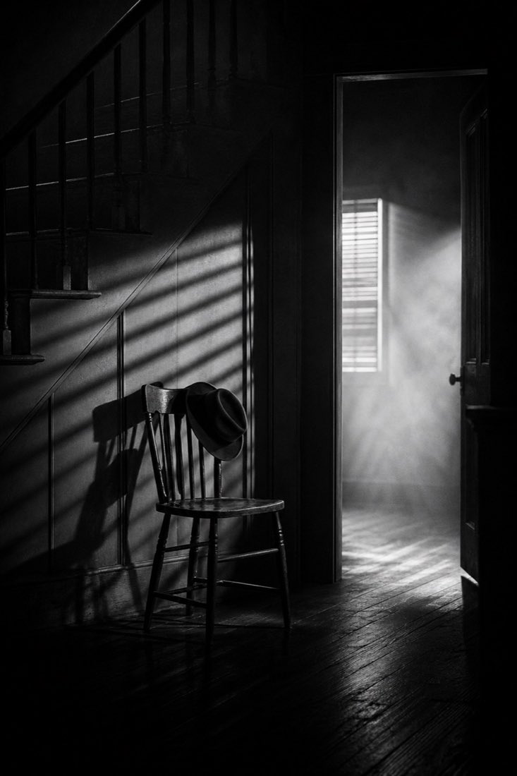 Portrait noir photograph of an empty chair, doorway and stair shadows.