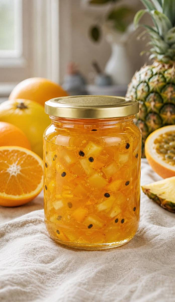 Portrait-format example of clear fruit-salad jam in a clean honey jar with citrus, pineapple and granadilla.