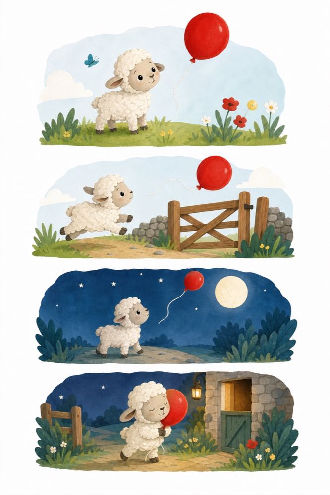 Portrait illustration for a preschool story about a lamb and a red balloon.