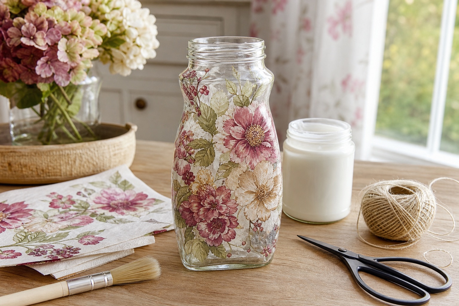 ’n Voltooide glaskoffiebottel met pienk blom-découpage, omring deur papier, ’n kwas, gom, skêr en tou.