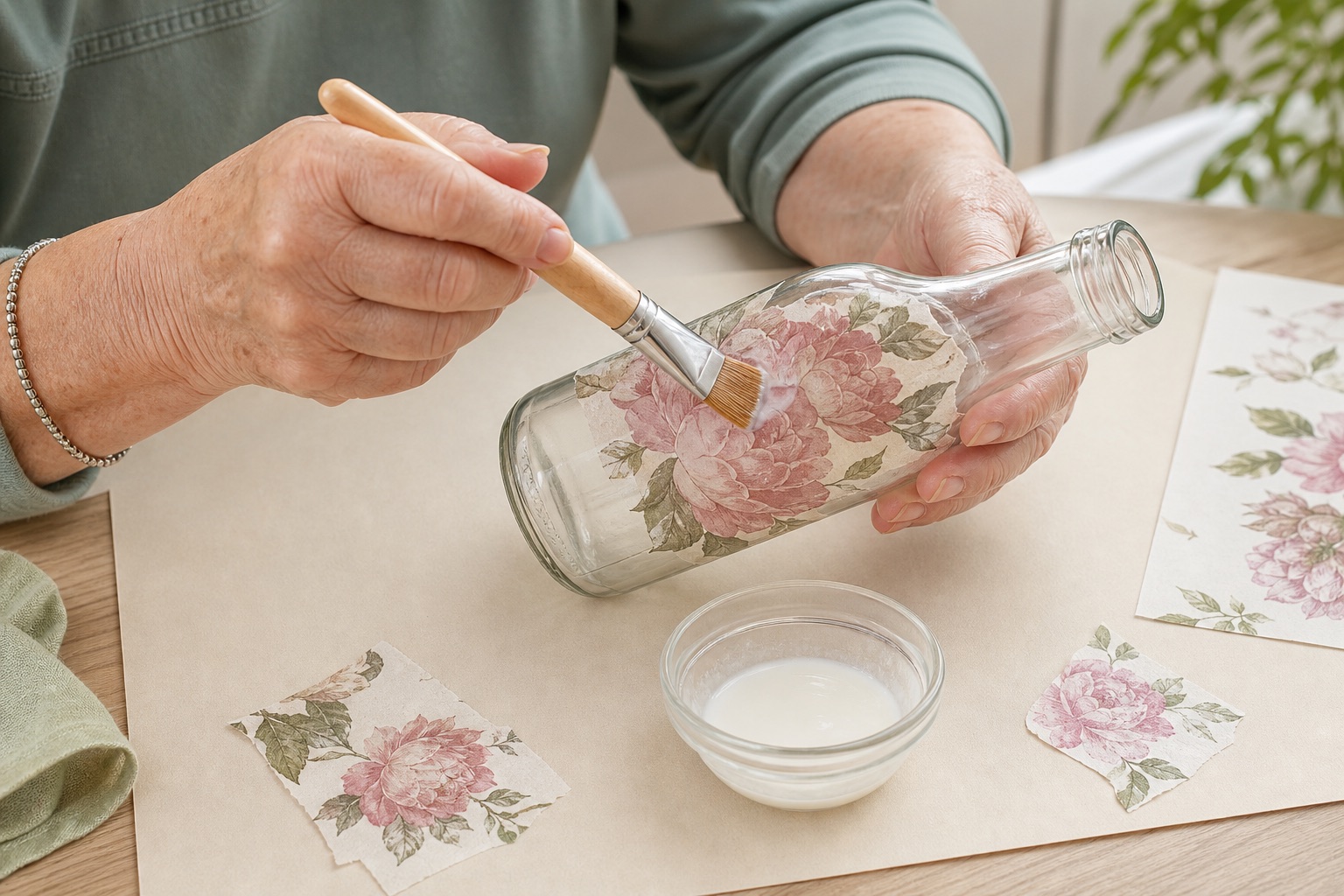 ’n Ouer vrou se hande plak blompatroonpapier met ’n sagte kwas op ’n skoon glasbottel.