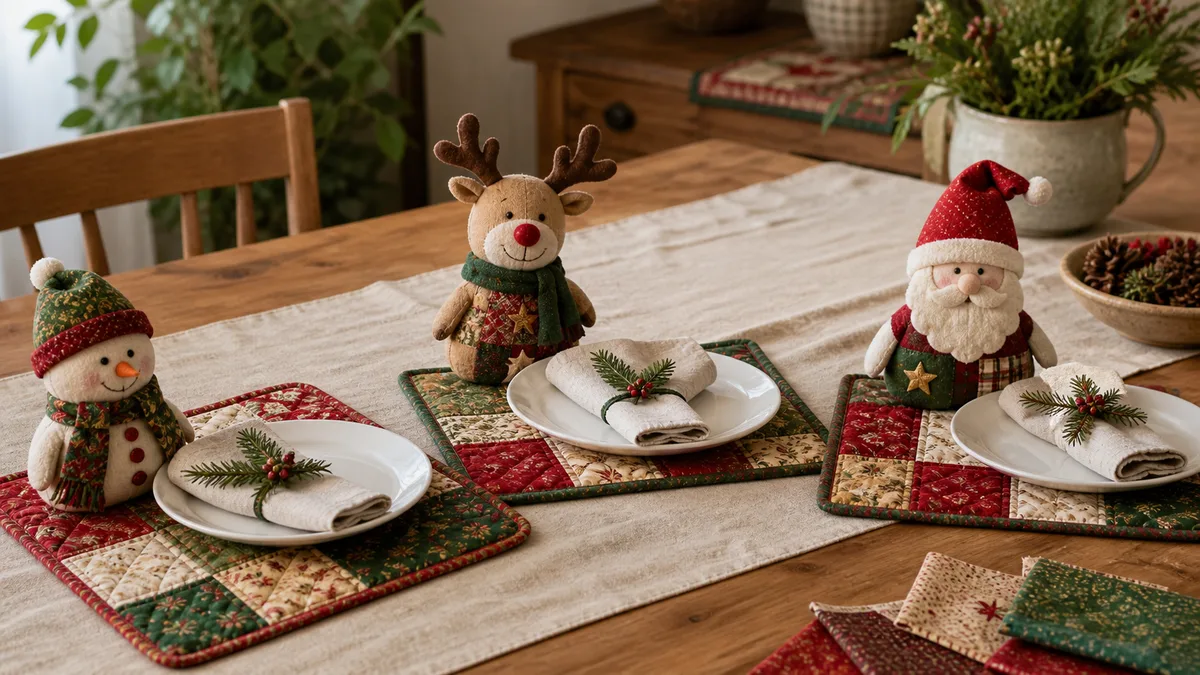 Drie sagte kersplekmaatjies van lap staan by borde op drie kleurvolle, gewatteerde lapmatjies op ’n feestelike tafel.