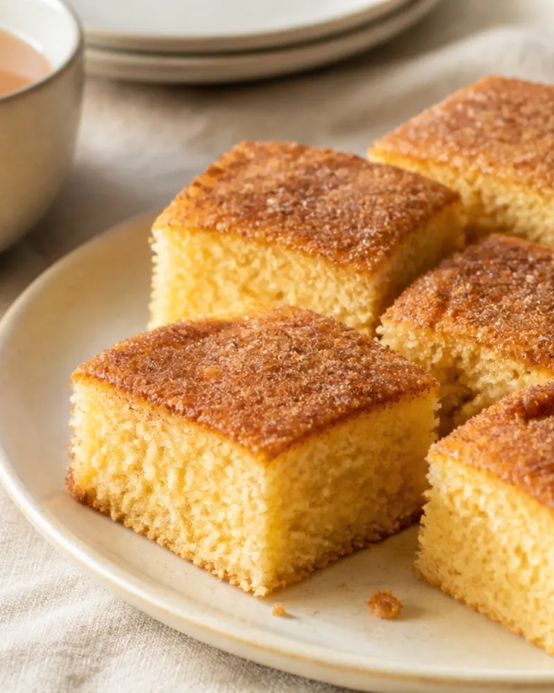 Goue koekblokkies met kaneelsuiker langs ’n koppie tee.