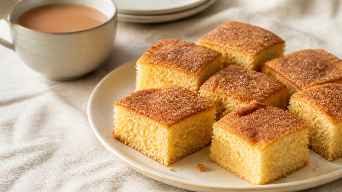 Goue koekblokkies met kaneelsuiker langs ’n koppie tee.