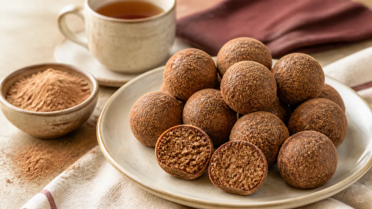 Milo-balletjies op ’n keramiekbord langs ’n koppie rooibostee.