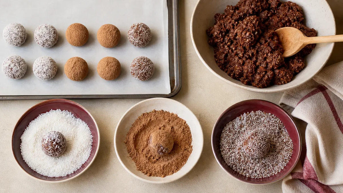 ’n Bak Milo-mengsel, drie bedekkings en klaar gerolde Milo-balletjies op bakpapier.