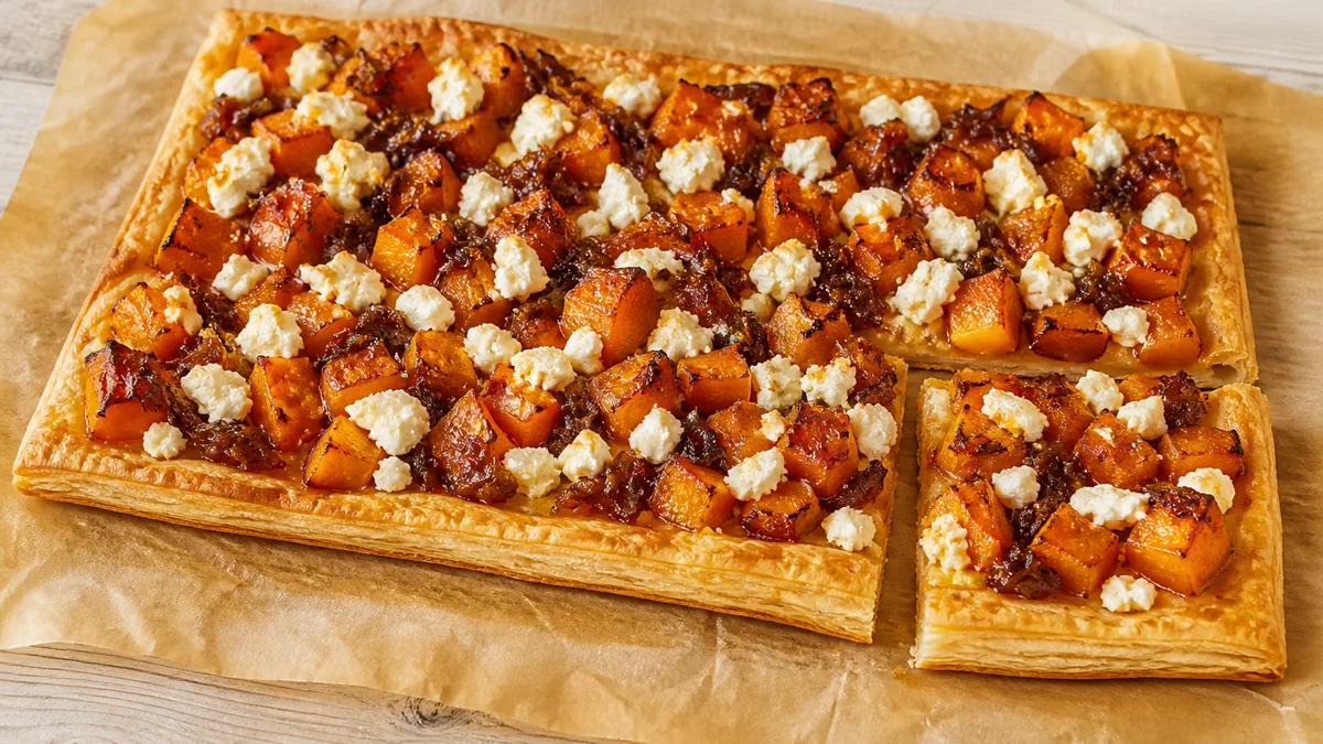 ’n Goue blaardeegplaat met geroosterde botterskorsie, feta en uieblatjang.
