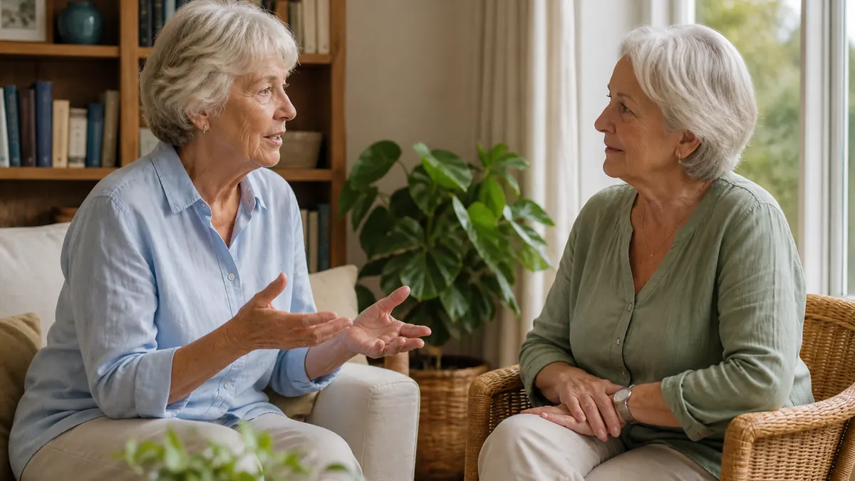Twee ouer wit vroue voer ’n rustige gesprek; een luister met volle aandag.